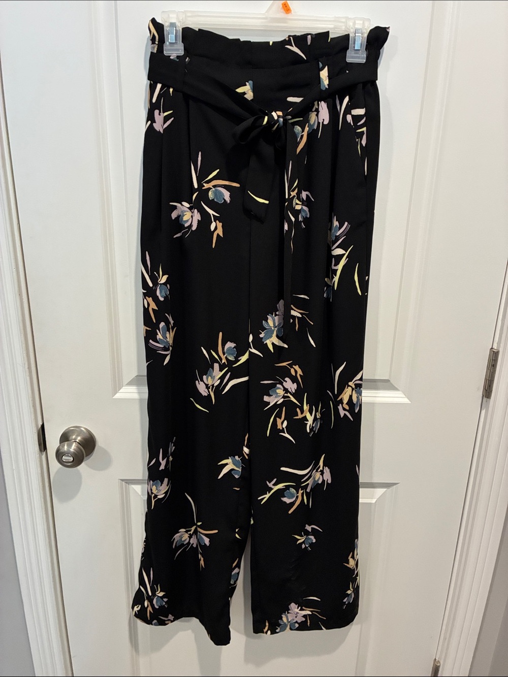 a new day Black Wide-Leg Tie-Waist Pants with Pastel Floral Accents
